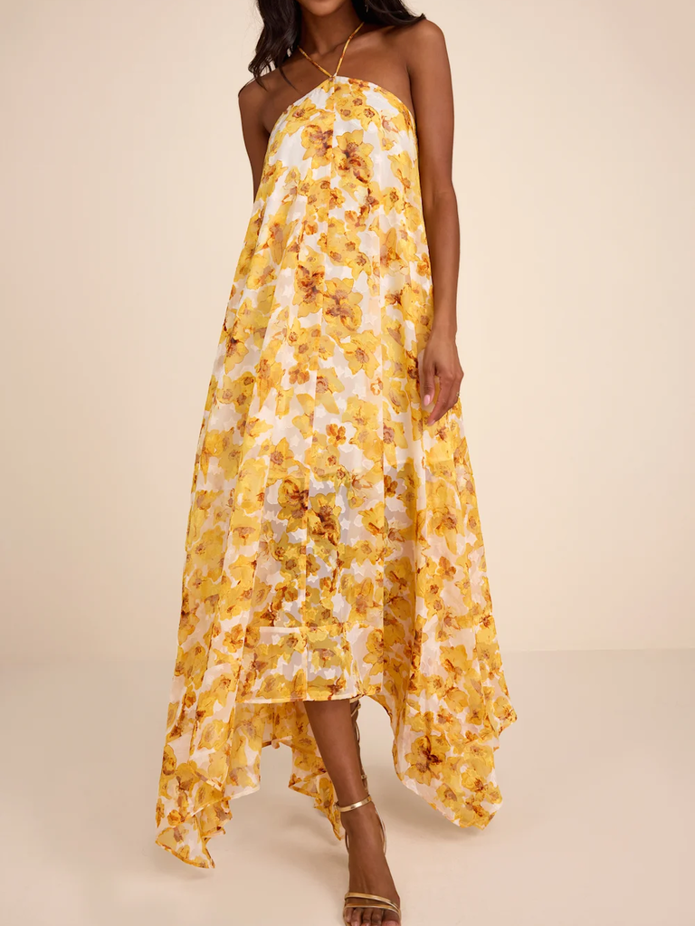 Lulus flowy floral yellow bridesmaid rehearsal dinner dress