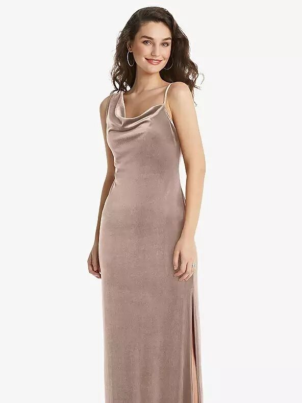 s draped floor length gown with cowl neck and asymmetric straps