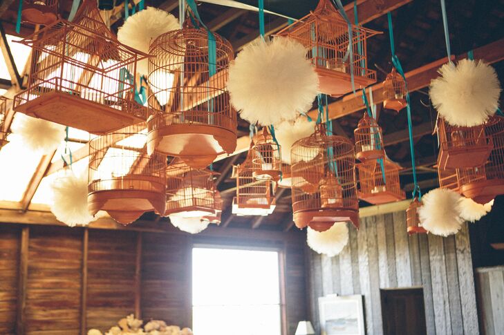 Hanging Vintage Birdcage And Tulle Poufs Ceiling Decor