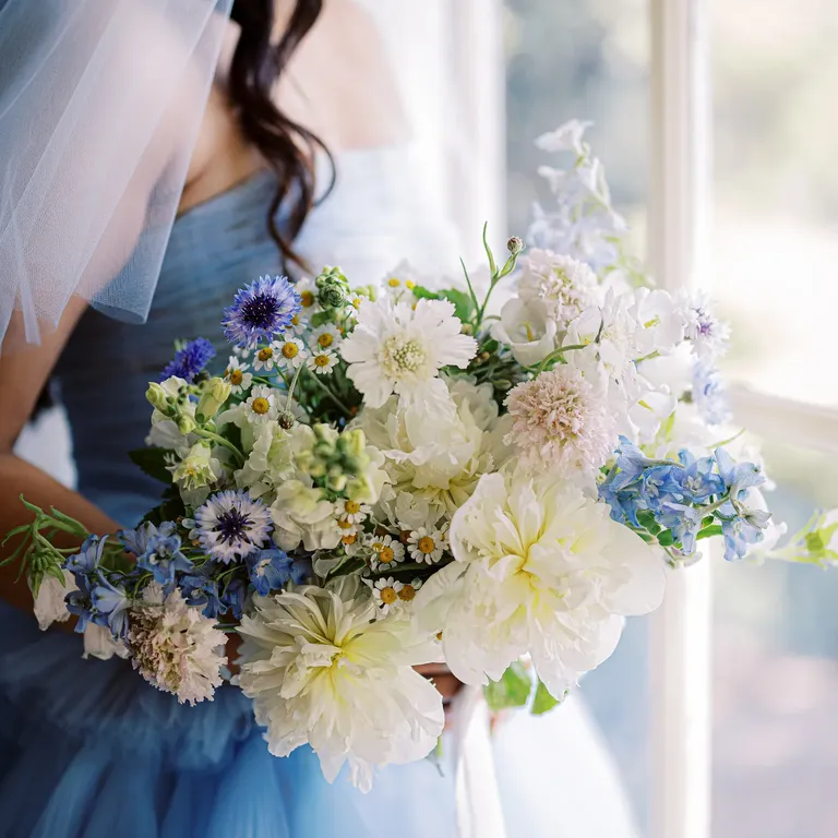 Blue and white wedding bouquet, taylor swift themed wedding 