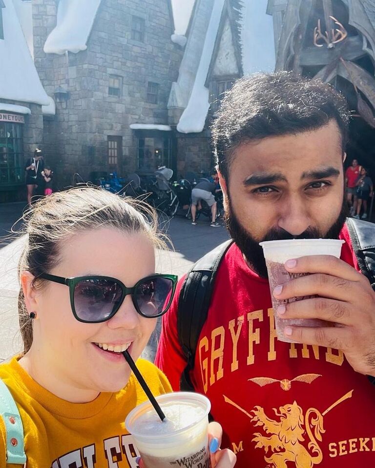 Enjoying ButterBeer together at Universal Studios.