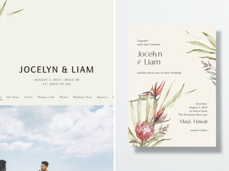 modern tropical wedding website with matching invitations decorated with protea and greenery sketch