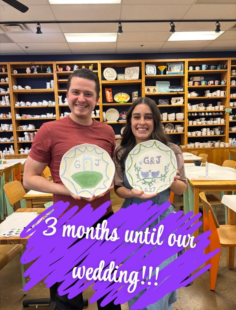 Celebrating 3 months until our wedding by painting our cake plates! One of our favorite date nights ever! 
