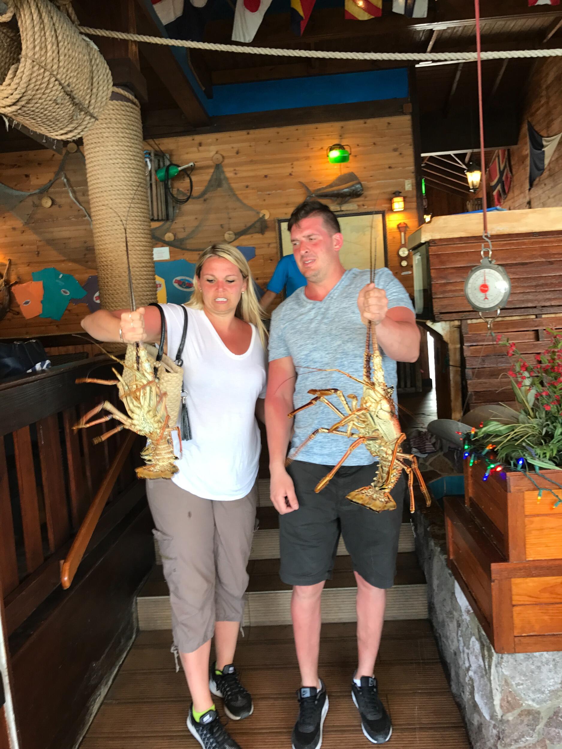 After a day of a bit too much sun in St. Maarten, decided to eat Lobster while looking like Lobsters.
