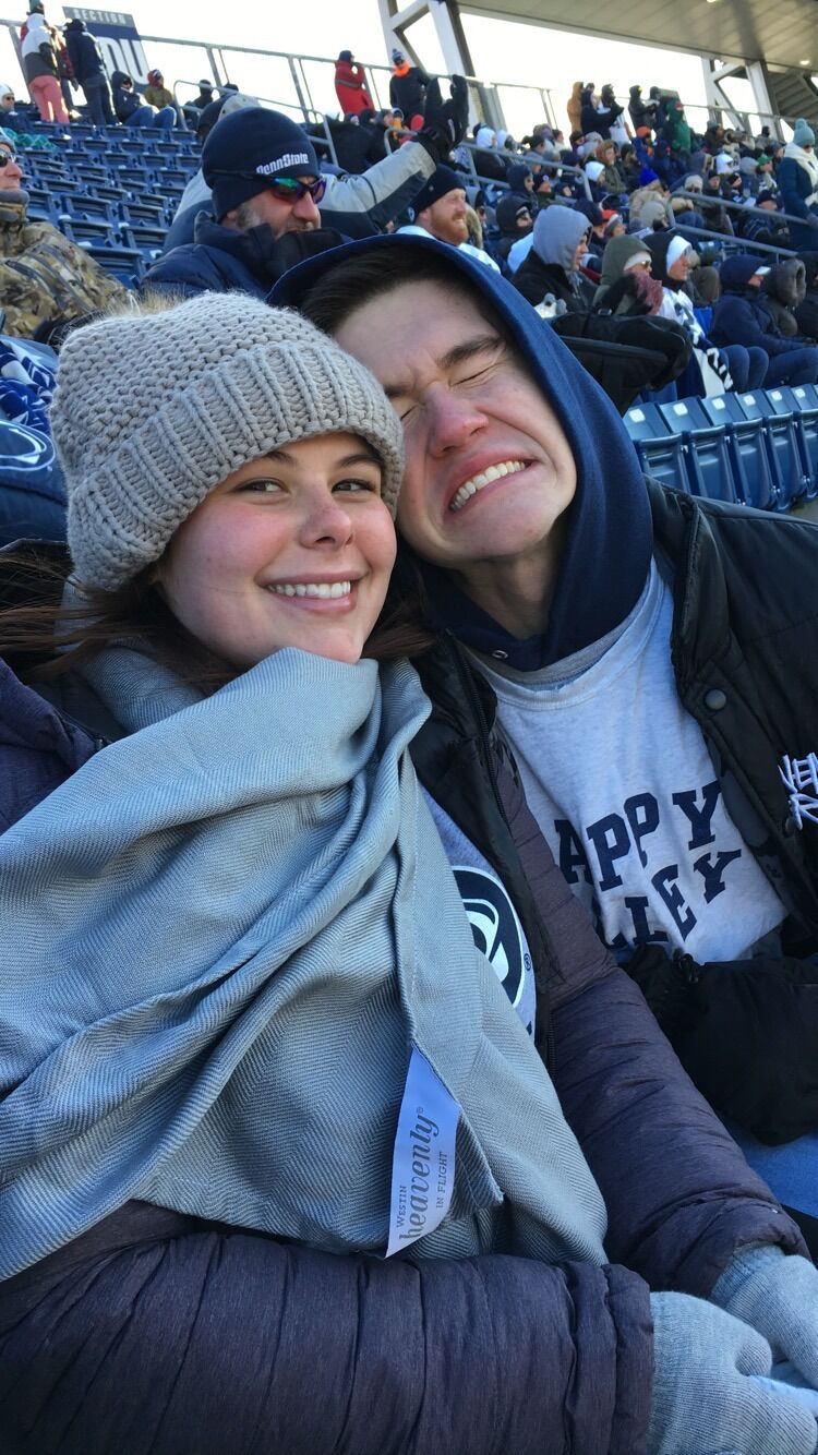 Emily's first visit to Penn State! It was a rough, cold, icy morning for football.
