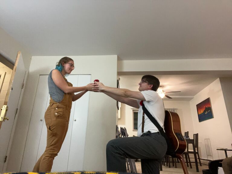 We dress up as Orpheus and Eurydice from Hadestown for Halloween