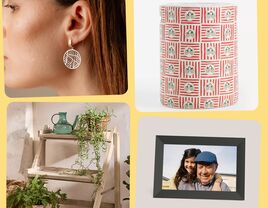 17-year anniversary gift ideas: map earrings, ceramic side table, digital photo frame, wooden plant stand