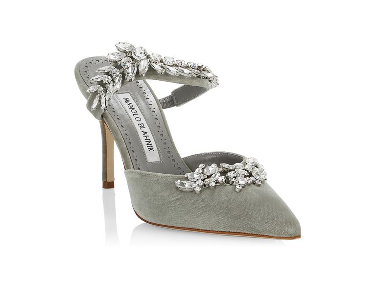 grey velvet wedding heel with crystal embellishments