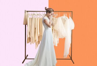 Woman standing beside a rail of wedding dresses graphic