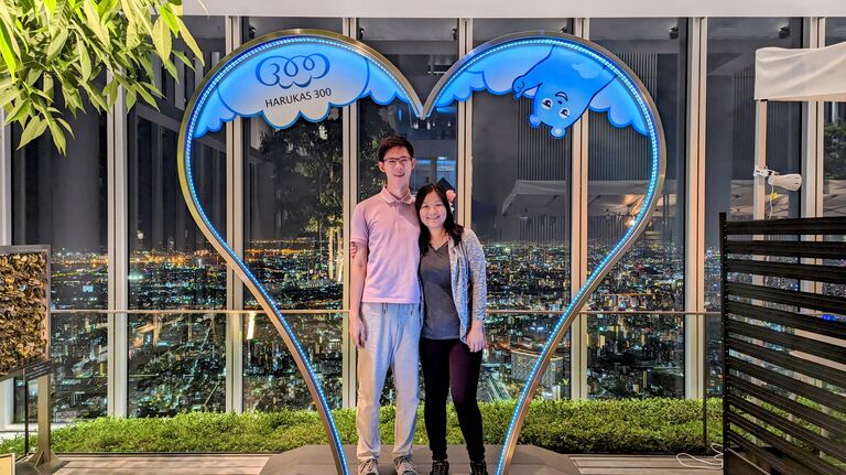 Taken at the Harukas 300 observatory, this photo captures us against the breathtaking backdrop of Japan's city lights. The vibrant skyline and the heart-shaped frame made this moment truly magical, highlighting the romance and wonder of our adventure in Japan.