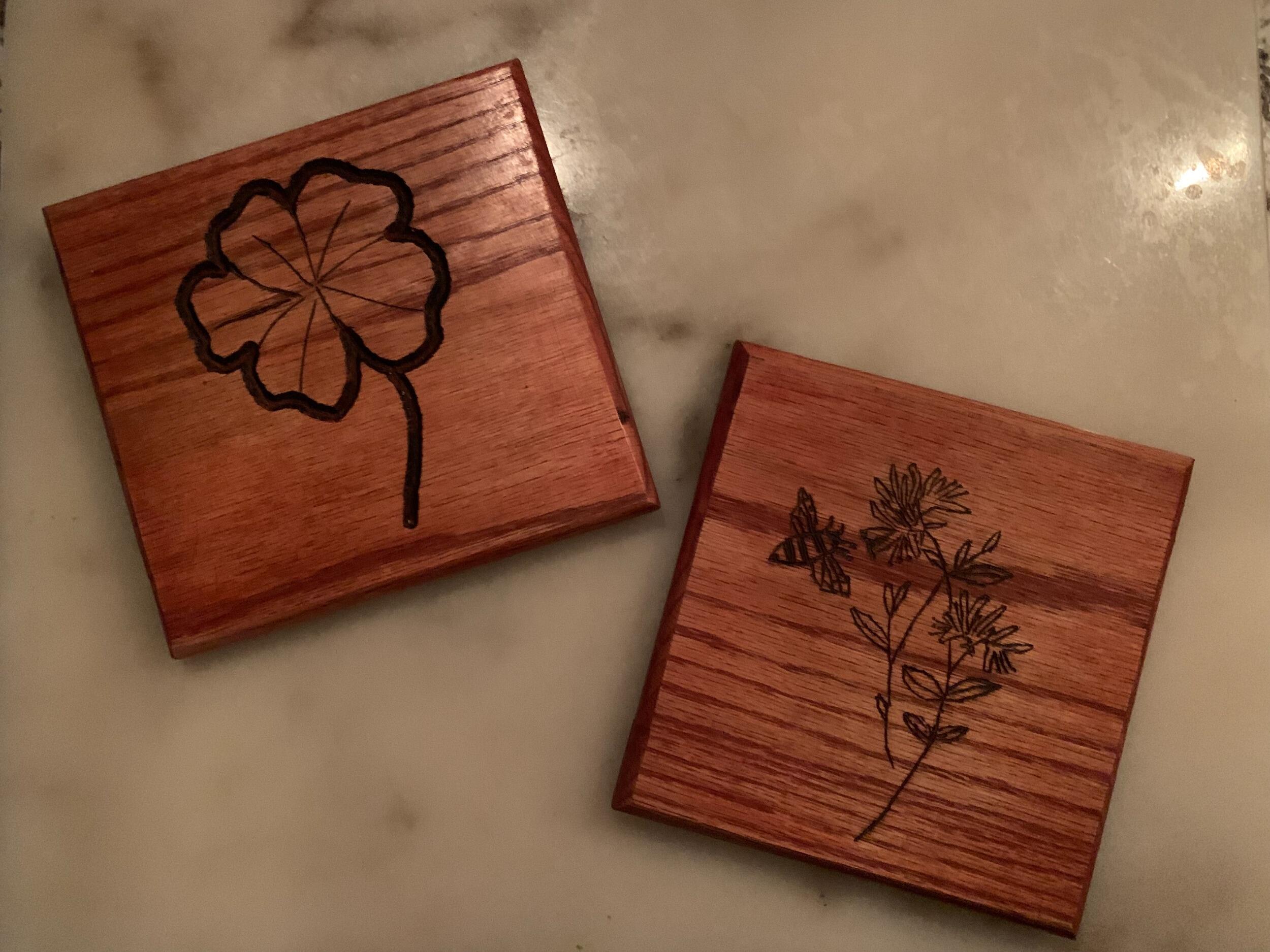 For our anniversary, Sam got creative and hand-carved these wooden plaques for Sarah, each a nod to one of our favorite songs: Five Leaf Clover and Honey Bee!