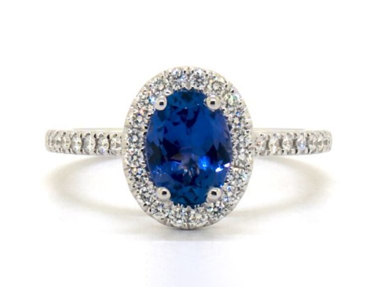 james allen oval shaped tanzanite engagement ring with oval round diamond halo and round diamond band