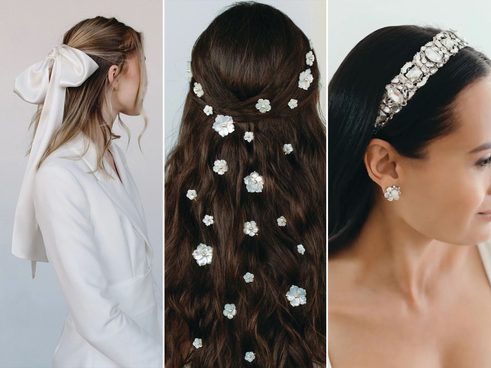 Collage of three types of bridal hair accessories