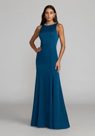 This dreamy satin gown is both classic and elegant. This floor-length, form-fitting trumpet gown is fitted through the bodice and waist and features a flared trumpet skirt. The neckline is encrusted with rhinestones for extra sparkle. Perfect for black tie events and weddings.