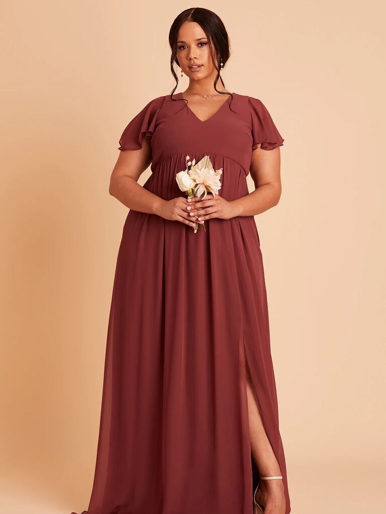Empire floor length dress with front slit and flutter sleeves
