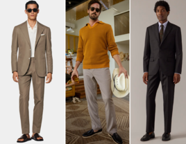 Collage of rehearsal dinner outfit ideas for grooms