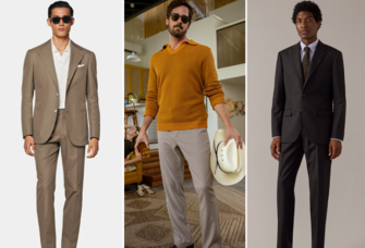 Collage of rehearsal dinner outfit ideas for grooms