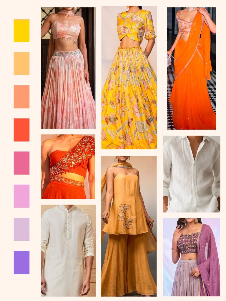 Pithi & Mehendi: Harbor Brook Hall. Drift from day to dusk in soft, airy fabrics with women draped in luminous colors of the sunset and men in ivory tones