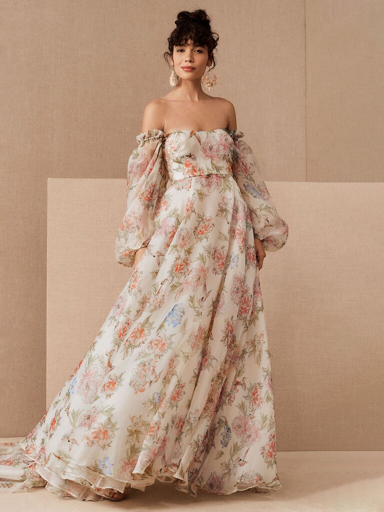 bhldn floral print off the shoulder wedding dress with long puffy sleeves and pleated flowy skirt