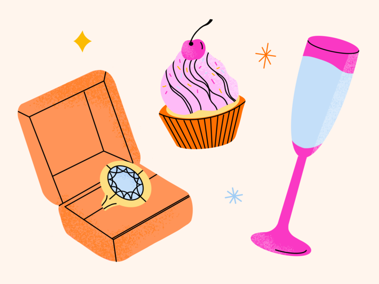 Illustration of ring box, cupcake and champagne flute, how to plan a proposal party