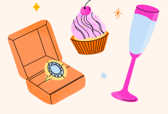 Illustration of ring box, cupcake and champagne flute, how to plan a proposal party
