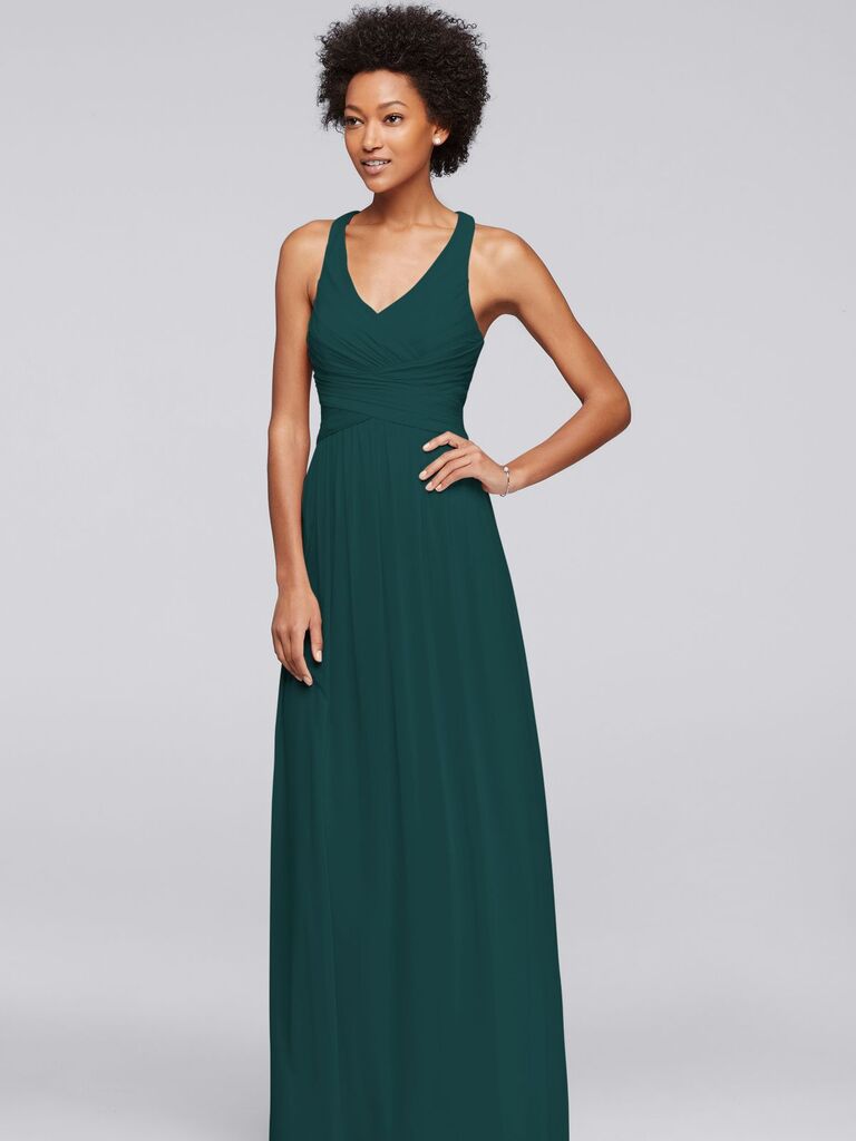 David's Bridal simple gem-colored bridesmaid dress with V-neckline and long skirt