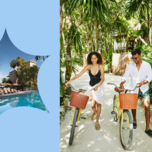 Pier House Resort & Spa inset next to couple wheeling bikes in a tropical setting