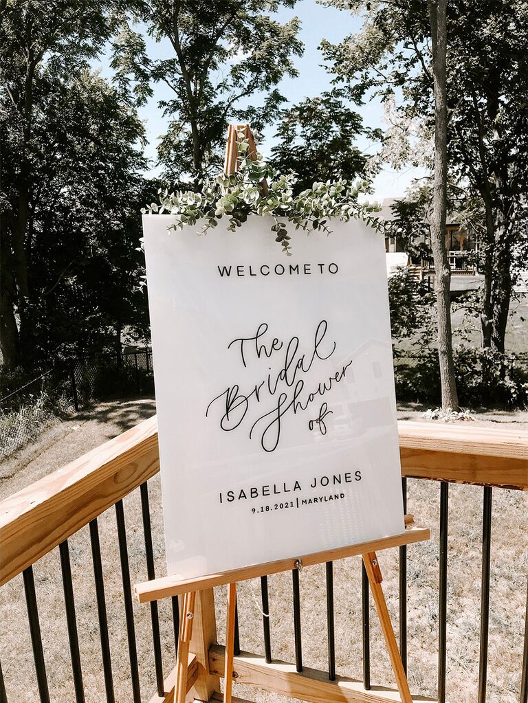 'Welcome to the bridal shower' in modern minimalist type on acrylic sign