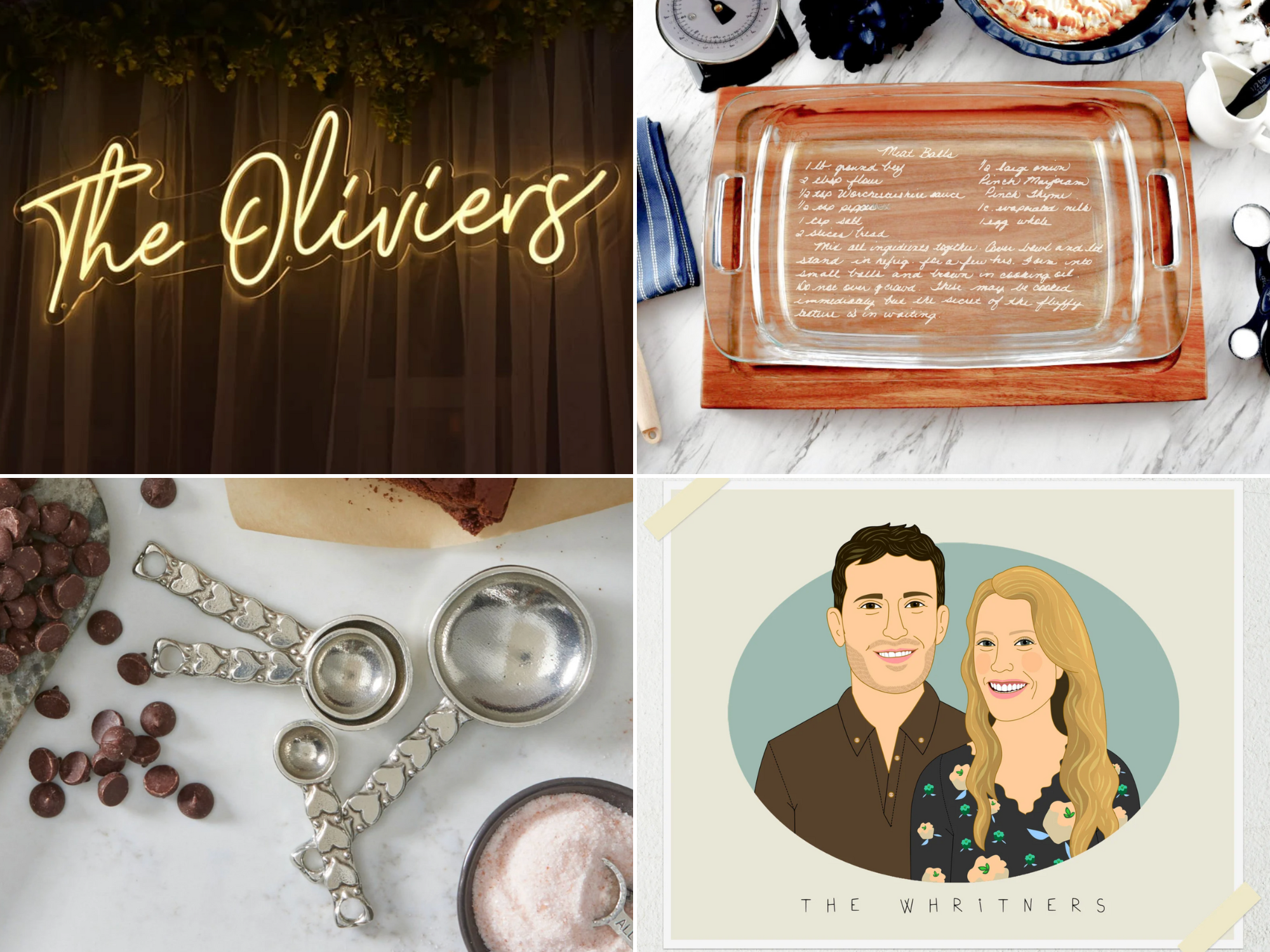 Collage of four etsy wedding registry ideas including neon sign, casserole dish, pewter measuring spoons,  personalized couple portrait