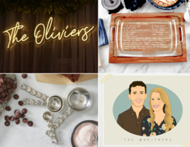 Collage of four etsy wedding registry ideas including neon sign, casserole dish, pewter measuring spoons,  personalized couple portrait