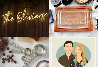 Collage of four etsy wedding registry ideas including neon sign, casserole dish, pewter measuring spoons,  personalized couple portrait