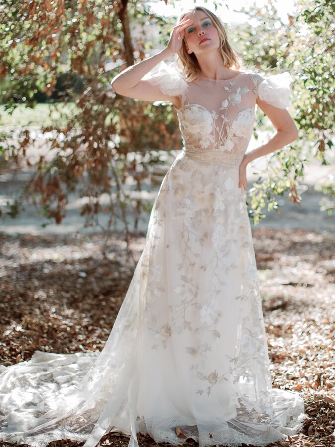 Peony Floral Wedding Dress with Cape Sleeves