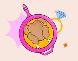 Illustration of a roast chicken in a pan next to engagement ring 