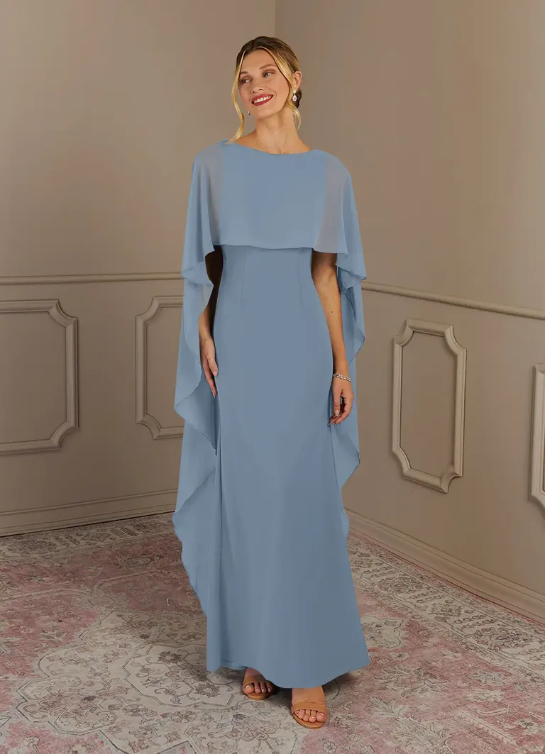 dusty blue sheath gown with draped shoulders