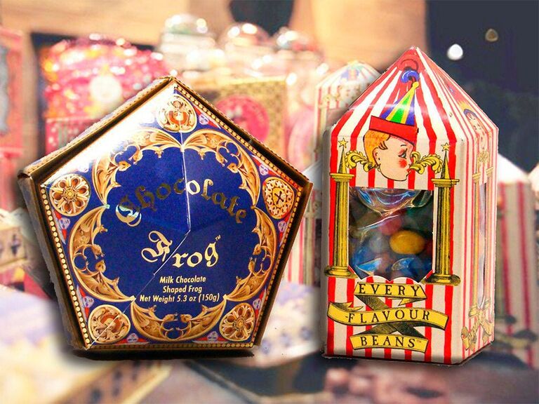 Chocolate Frogs in elegant pentagon purple container with gilded gold details and Every Flavor Beans in circus-themed packaging