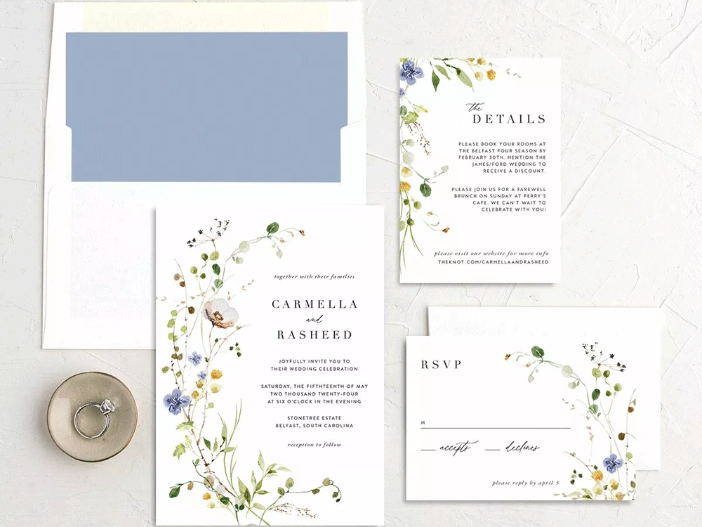 Delicate wildflower wedding invitation.