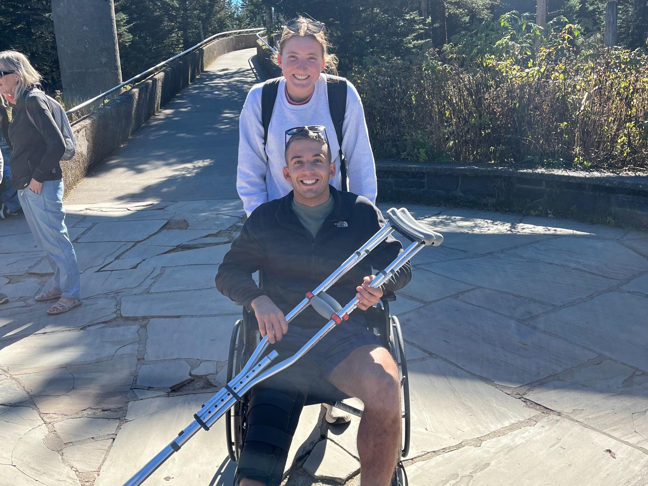 We were certainly not the only tourists at Clingman’s Dome that morning, but we WERE the only ones attempting the steep mile uphill walk in a wheelchair. Unsurprisingly, the way down was much easier. 
