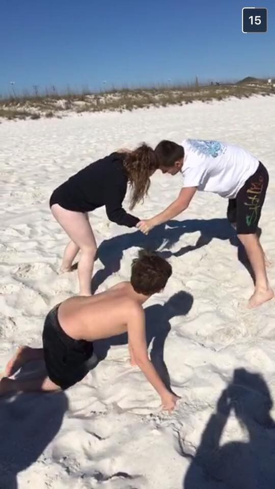 Their first beach trip together. No matter what he says, she won.