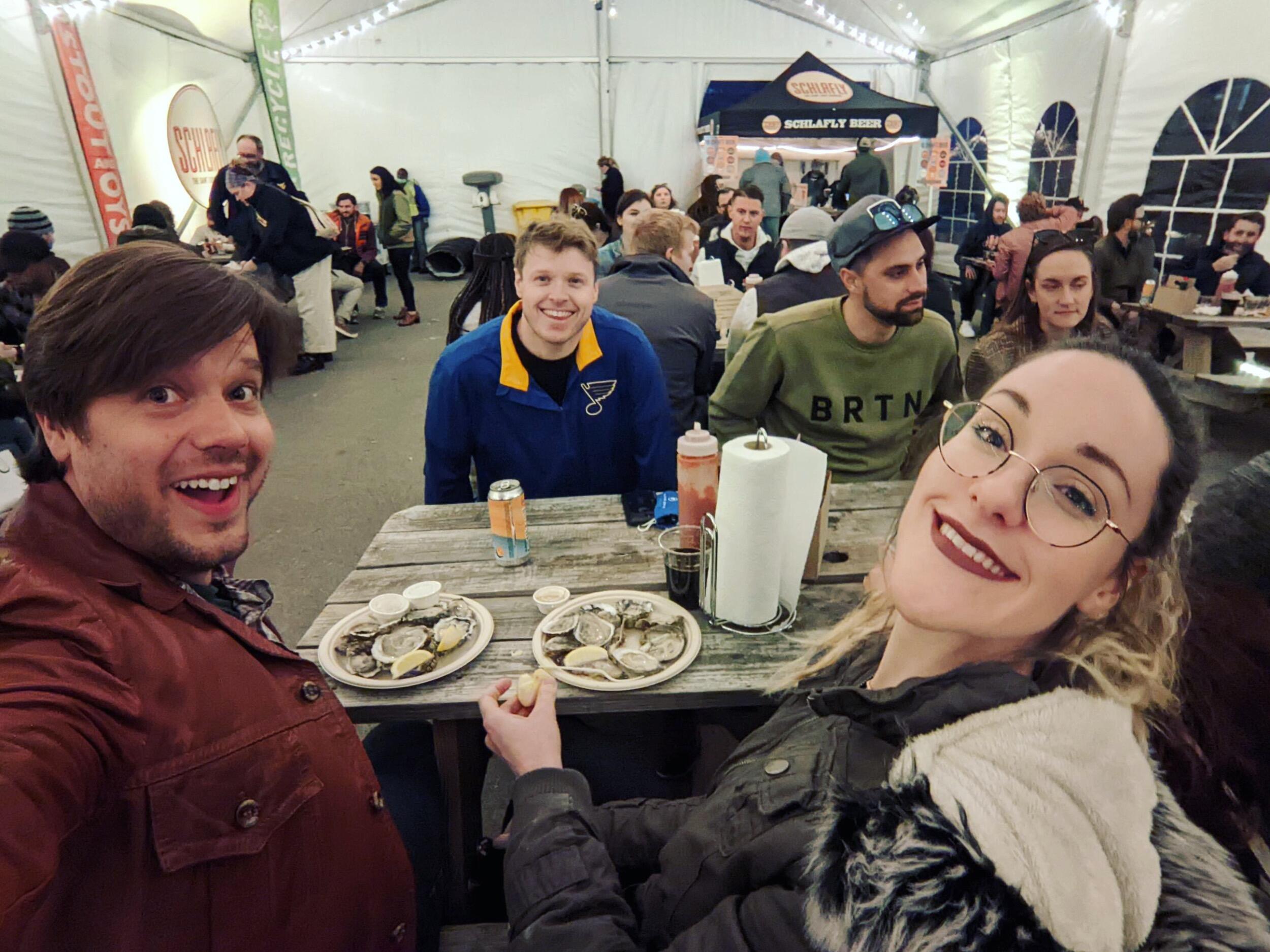 Oysters and friends! Jayne and Eric took in the food and sound at Schlafly's Downtown Oyster Fest where Jayne finally met some of Eric's friends.