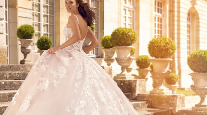 my bridal dress Modern Short White Satin Wedding Square Neck with Bow Back US14 / Ivory grey with voluminous tulle sleeves and lace bead appliqus Mari Mi Bridal + Updated