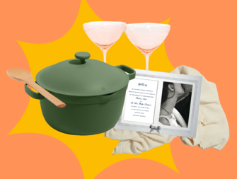 A photo collage of the best wedding gifts for couples getting married this year featuring a pot, martini glasses, photo frame, and blanket