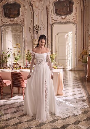 Chiffon A-Line Gown with Draped Cowl Detail and Sheer Bodice