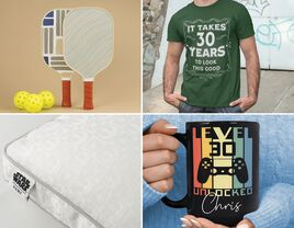 Four 30th birthday gifts for husbands: pickleball set, birthday T-shirt, birthday mug, Star Wars pillow