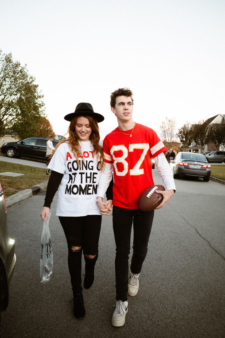 Swift and Kelce for Halloween... again- Hailey convinced John-Mark to do this. #bestboyfriendever