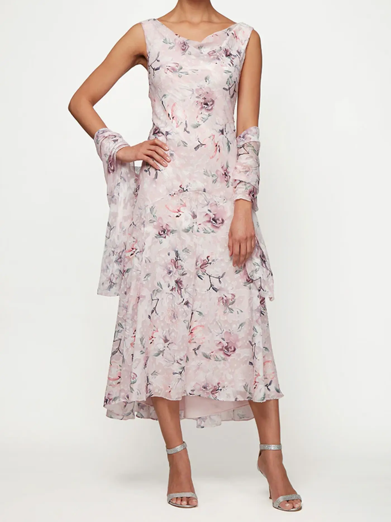Pink floral chiffon grandmother of the bride dress with wrap from Alex Evenings