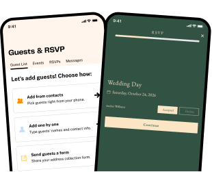 A guest list dashboard interface showing organized guest names, RSVP statuses, and address collection features.