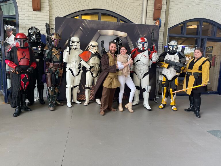 This was one our first baseball games we went to at the Montgomery stadium (home to the Biscuits Minor Baseball League). It was Star Wars night, and I convinced Kevin to dress up with me. (We went as Padme and Obi-Wan Kenobi!) Although we still can't remember who won the game that evening, we had a blast eating Conecuh sausage hotdogs (which are a staple favorite of Kevin's to this day) and playing trivia. I'm definitely looking forward to many more outings like this one with this man who was steadily becoming the love of my life by this point! :) ~ R 