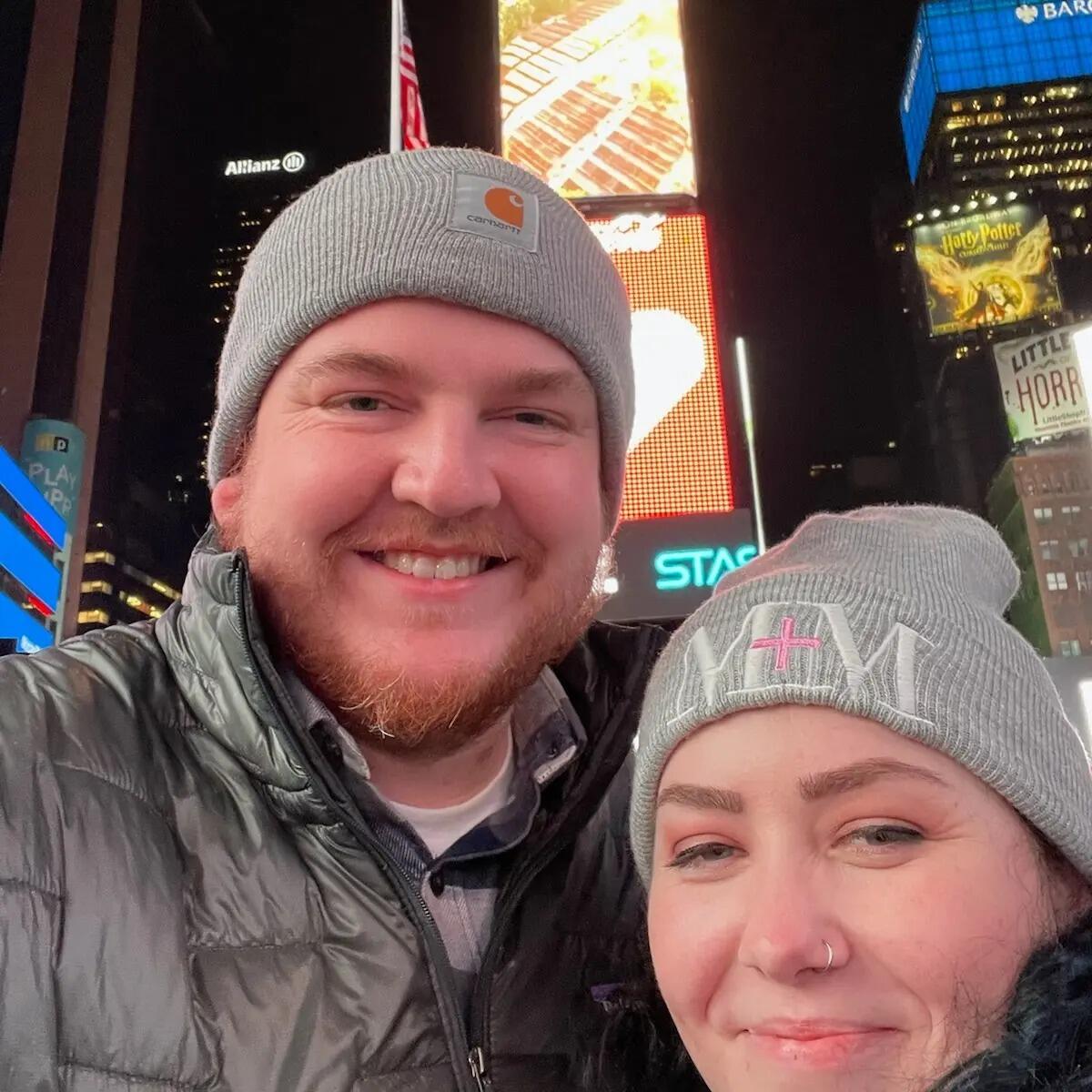 Kayleena and Peter met online playing Warzone in January of 2021 and immediately hit it off as friends talking every day. In January of 2022, they met for the first time in person in New York where Peter was living at the time. Photo was taken in Times Square during the visit.