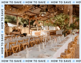 Long tables and chairs with disco balls, string lights and greenery under gazebo for wedding reception