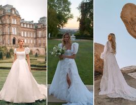 collage of three puff-sleeve wedding dresses